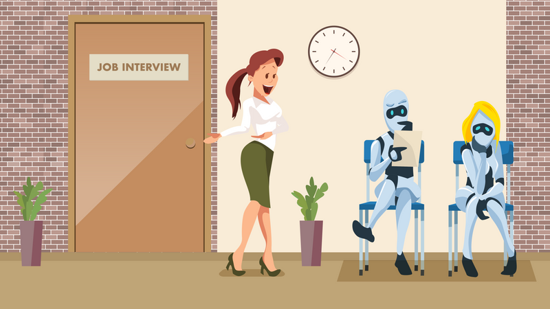 Two Robot Waiting for Job Interview in Office  Illustration