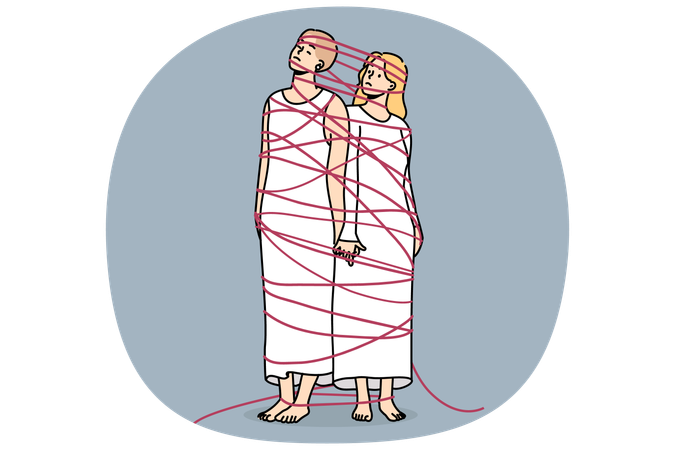 Two sad women tied with rope hold hands demonstrating personal affection and shared problems  Illustration