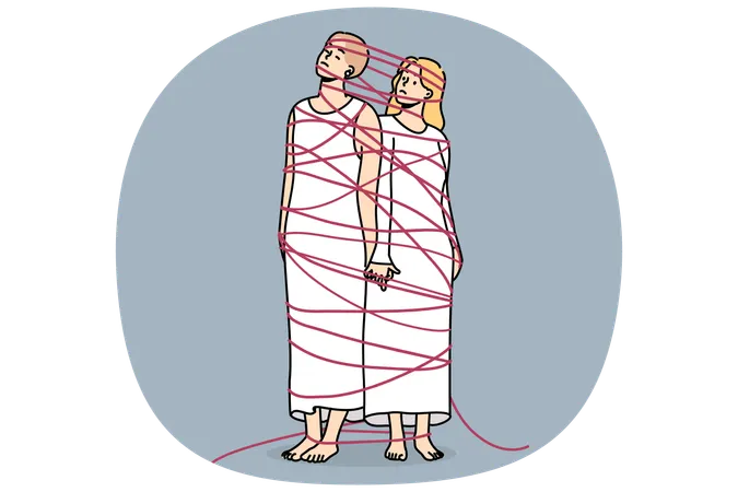 Two sad women tied with rope hold hands demonstrating personal affection and shared problems  Illustration