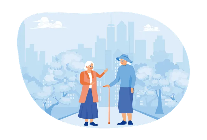 Two senior women walking along a city street  Illustration