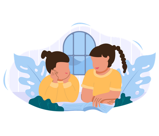 Two sisters studying together at home Illustration