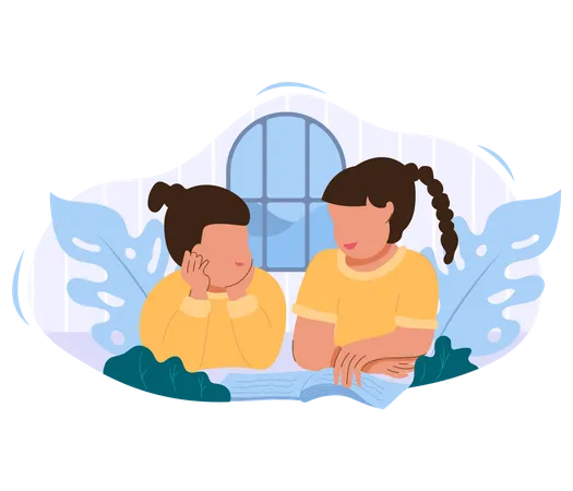 Two sisters studying together at home  イラスト