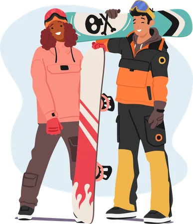 Two Snowboarders Strike Dynamic Poses Their Vibrant Gear Popping Against A Clean White Backdrop Characters Ready For Action They Exude Energy And Style Cartoon People Vector Illustration Illustration