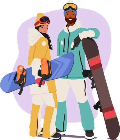 Two Snowboarders Strike Dynamic Poses On A Clean White Background Sports Couple Character Showcasing Their Sporty And Adventurous Spirit With Enthusiasm And Style Cartoon People Vector Illustration Illustration