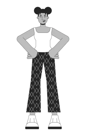 Two Buns Woman African American Power Posing Black And White 2 D Line Cartoon Character Black Young Adult Female Isolated Vector Outline Person Confident Standing Monochromatic Flat Spot Illustration Illustration