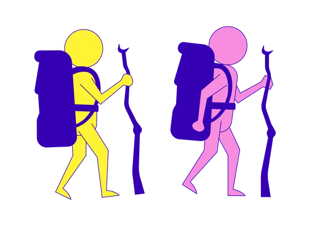 Two stick figures hikers with backpacks and walking sticks  Illustration