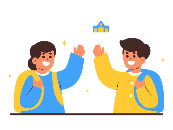 Cheerful Illustration Of A Young Boy And Girl Giving High Fives Celebrating Their School Day Success Illustration