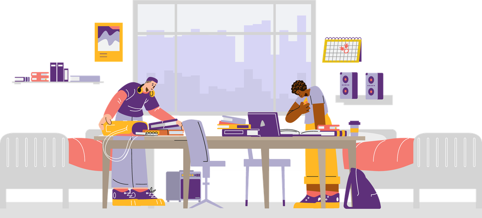 Two students focused on their work in dorm room with books and laptop  Illustration