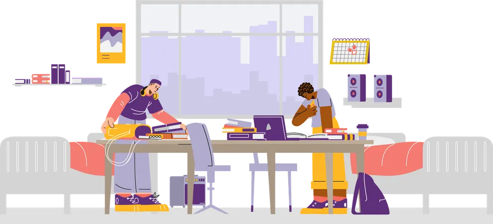Two students focused on their work in dorm room with books and laptop  Illustration