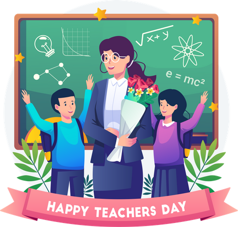 Two students give flowers to female teacher on teacher's day Illustration