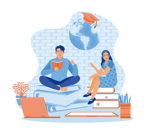 Two Students Sitting On A Pile Of Books  Illustration
