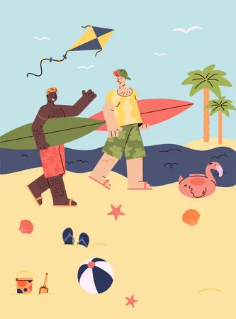 Two surfer man on vacation walking with surfboards Illustration