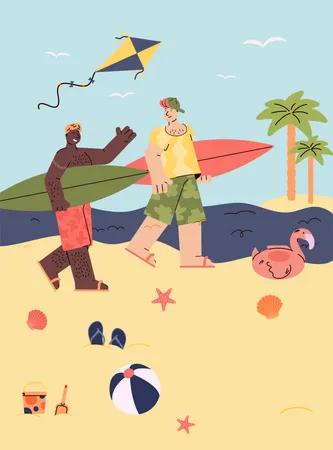 Two surfer man on vacation walking with surfboards  Illustration