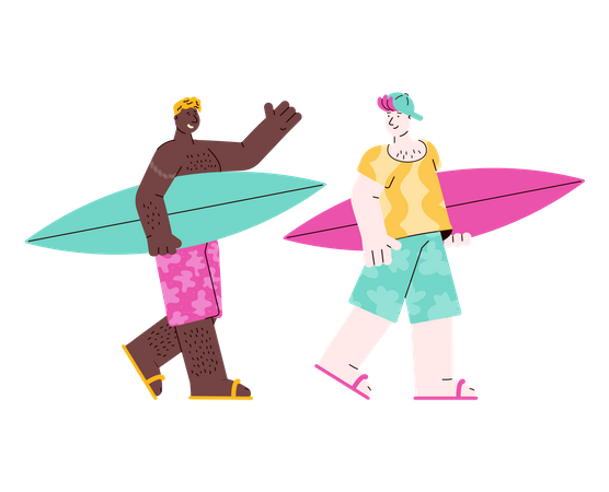 Two surfer men on vacation walking with surfboards Illustration