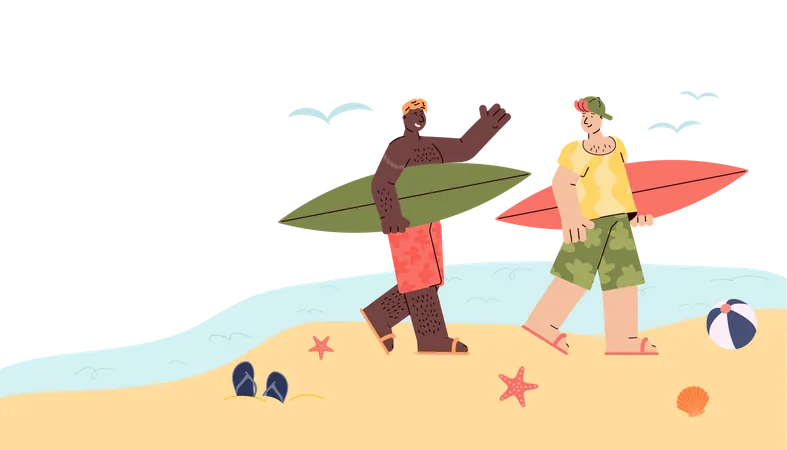Two surfer men on vacation walking with surfboards Illustration
