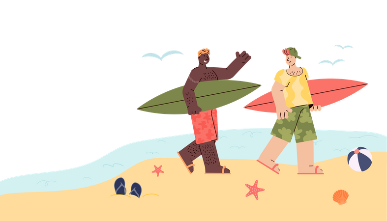 Two surfer men on vacation walking with surfboards  Illustration