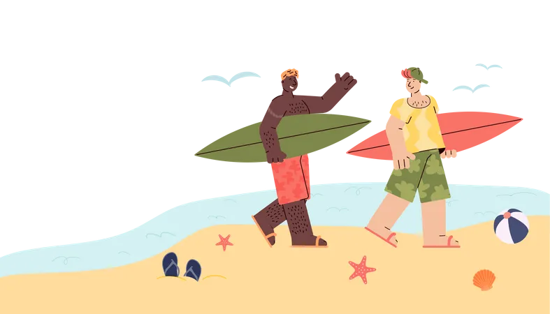 Two surfer men on vacation walking with surfboards  Illustration