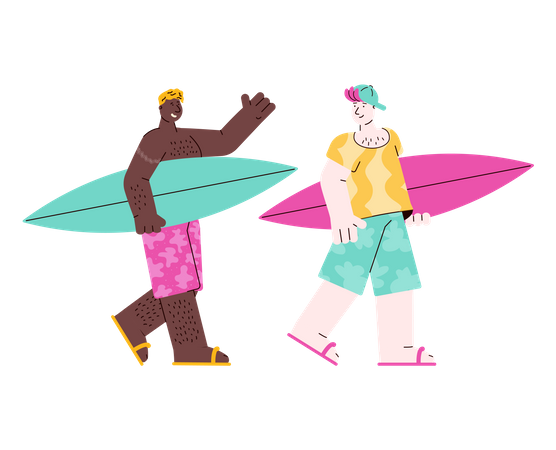 Two surfer men on vacation walking with surfboards  Illustration