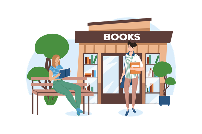 Two teenagers decided to buy some books and read them near book store  Illustration