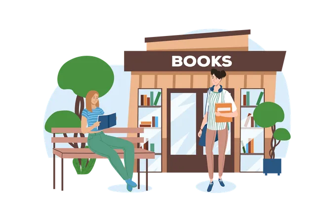 Blue Concept Shop With People Scene In The Flat Cartoon Design Two Teenagers Decided To Buy Some Books And Read Them Near Book Store Vector Illustration Illustration