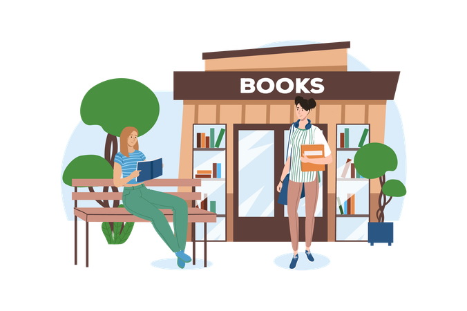 Two teenagers decided to buy some books and read them near book store  Illustration