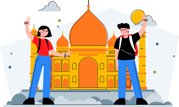 Two travelers visit taj mahal  Illustration