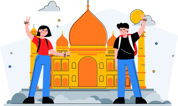 Two travelers visit taj mahal  Illustration