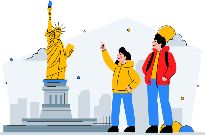 Two travellers visit the statue of liberty  Illustration