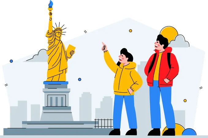 Two travellers visit the statue of liberty  Illustration