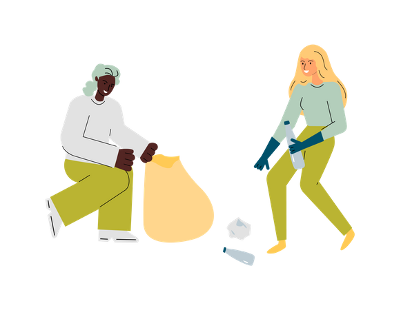 Two volunteer woman putting garbage into trash bags Illustration