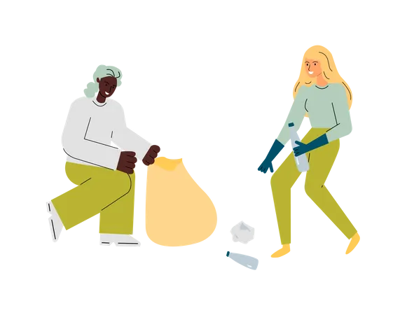 Two volunteer woman putting garbage into trash bags  Illustration