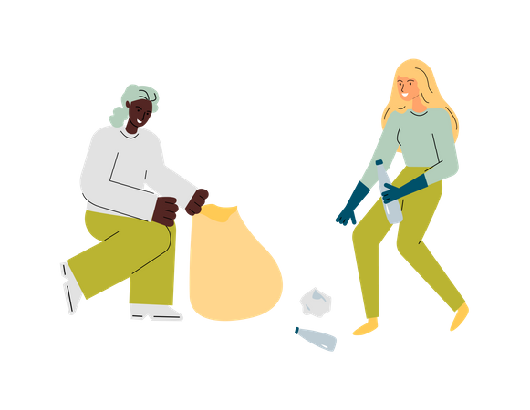 Two volunteer woman putting garbage into trash bags  Illustration