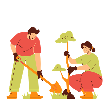 Two volunteers are planting trees  Illustration