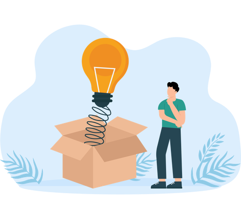 Two white-collar workers having fun celebrating a lightbulb gift popping out of  cardboard box  Illustration