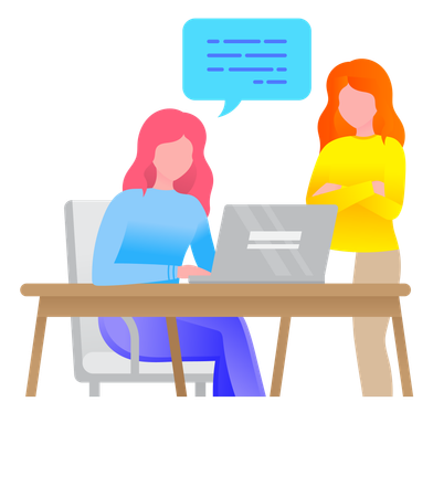 Two Woman at Desk with Notebook Search Information  Illustration