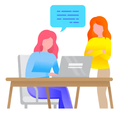 Two Woman at Desk with Notebook Search Information  Illustration