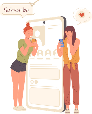 Two woman bloggers having new subscribers and receiving likes in social media  イラスト