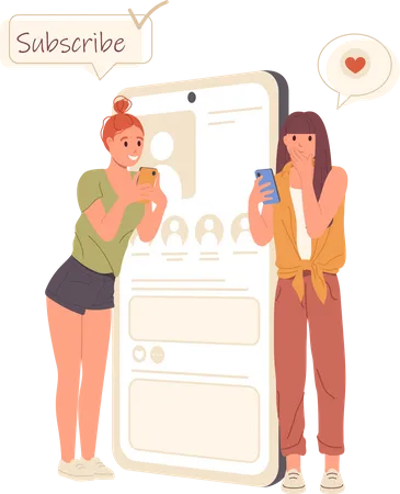 Two Young Woman Blogger Characters Holding Smartphone Having New Subscribers Receiving Likes And Comments In Social Media Network Vector Illustration Influence Marketing And Audience Increase Illustration