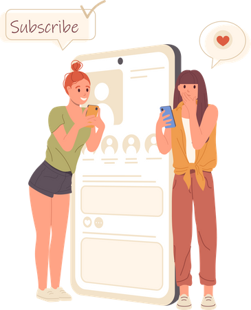 Two woman bloggers having new subscribers and receiving likes in social media  Illustration