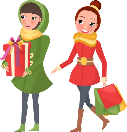 Two Woman Shopaholics With Presents Gift Boxes Female Friends Doing Shopping Isolated On White Stylish Ladies In Green And Red Coats Vector Buyers Illustration