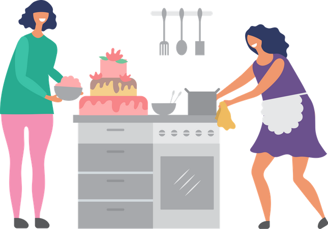 Two woman making cake Illustration