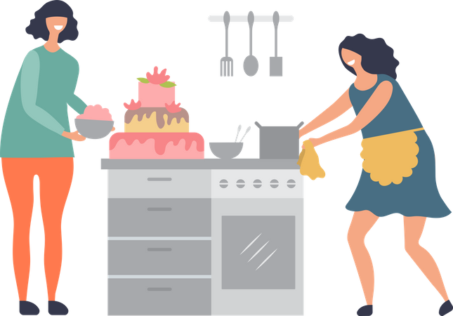 Two woman making cake in kitchen Illustration