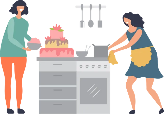 Two woman making cake in kitchen Illustration