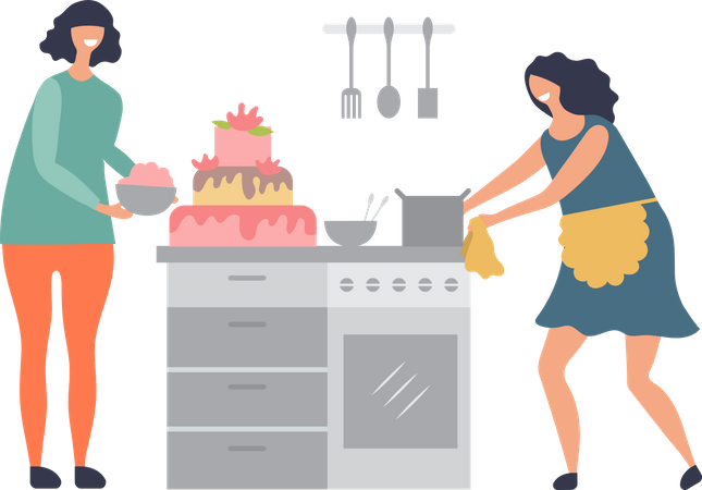 Two woman making cake in kitchen  Illustration