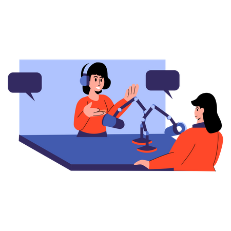 Two woman podcaster making podcast Illustration