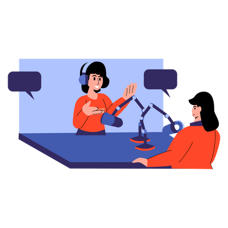 Two woman podcaster making podcast  Illustration