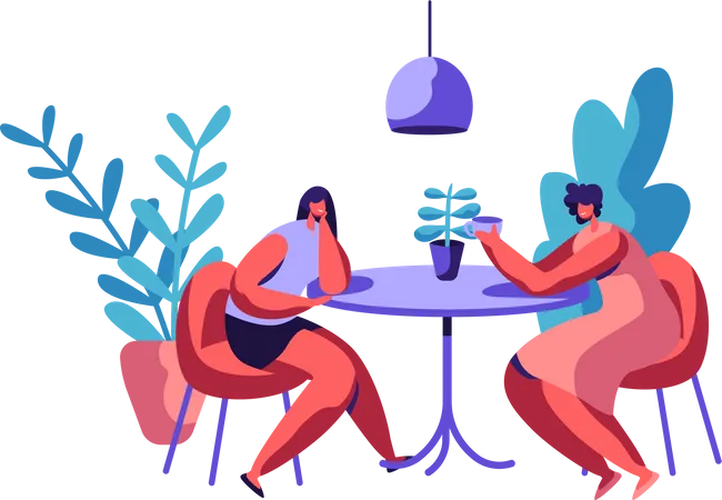 Two Woman Sit at Cafeteria Table Drink Coffee and Talking Illustration