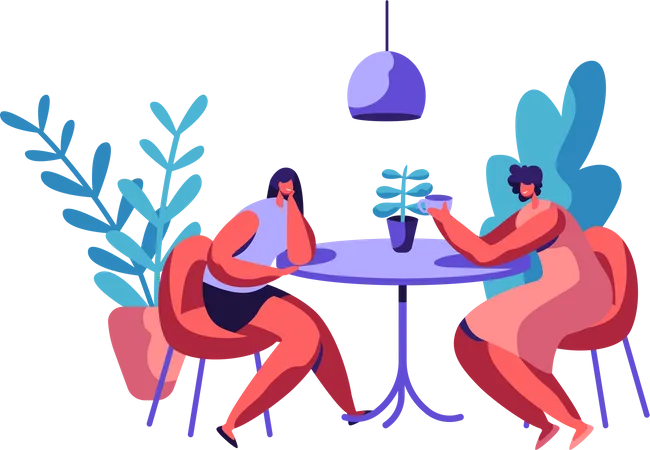 Two Woman Sit at Cafeteria Table Drink Coffee and Talking  Illustration