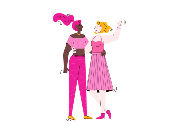 Breast Cancer Awareness Month Greeting Card With Two Women Standing And Hugging Cartoon Girl Friends In Pink Clothes Flat Vector Illustration Illustration