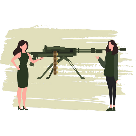 Two Woman Talking About Machine Guns  Illustration